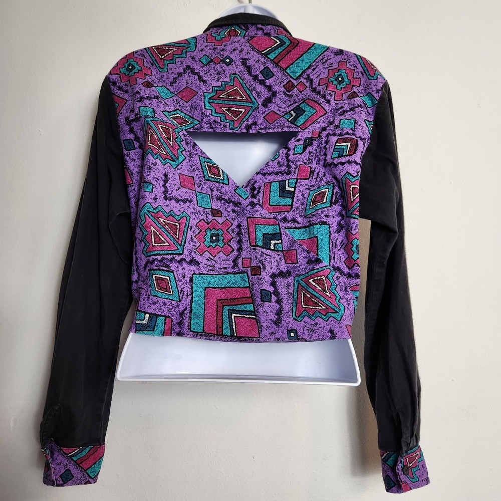 Vintage Top Rail Southwestern Abstract Cutout Back Blouse Shirt 90s Purple Crop